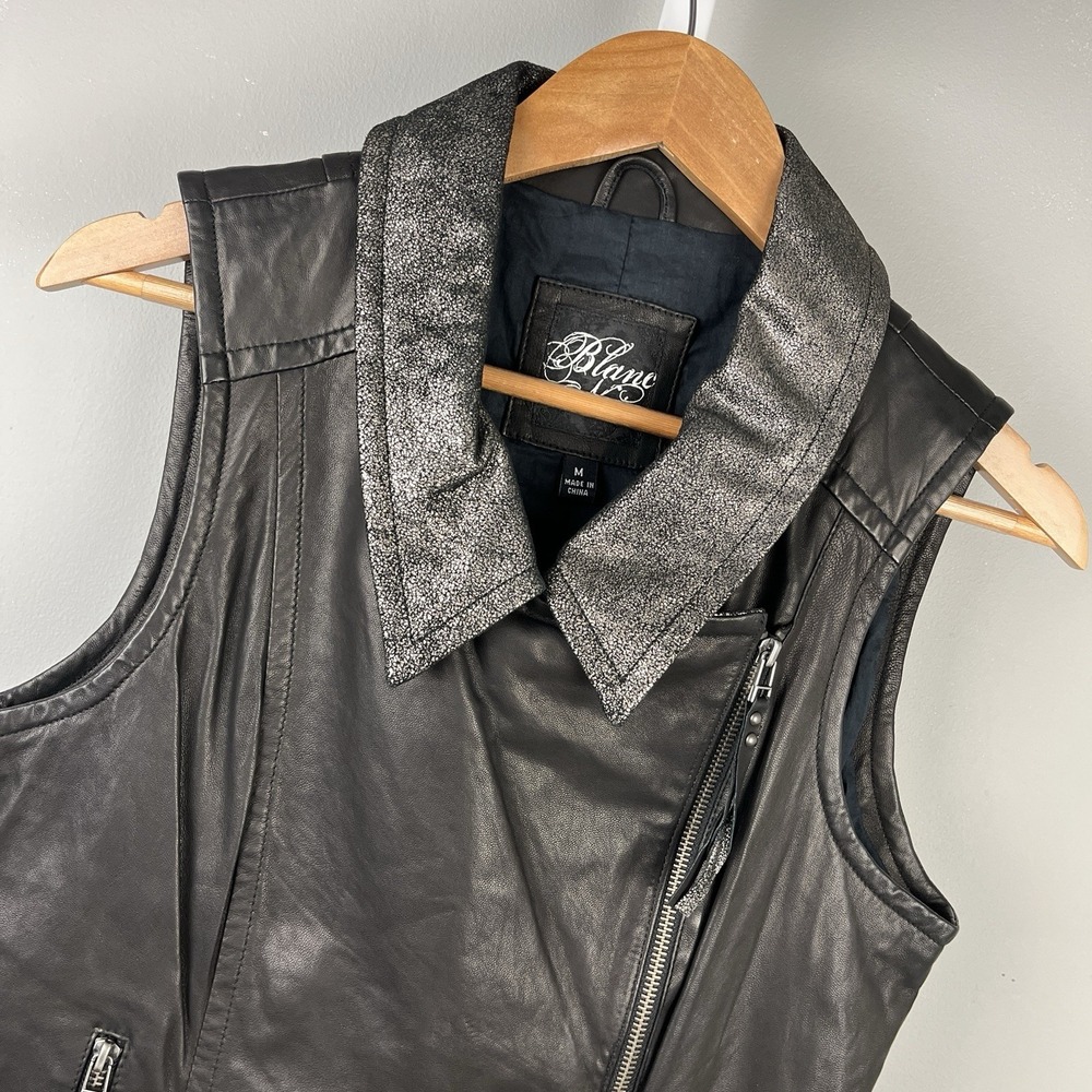 Blanc Noir Leather‎ Moto Vest Womens M Black Motorcycle Biker Metallic Collar